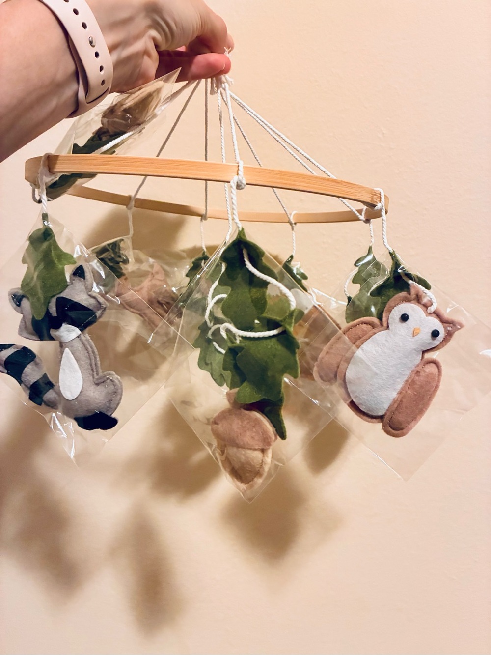 Woodland Baby Mobile with Owl, Raccoon & Acorn